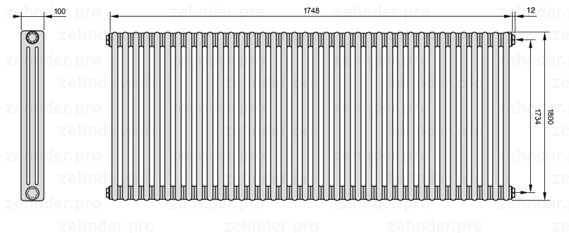 Схема (чертеж) Радиатор Zehnder Charleston 3180/38 №7610 Белый глянцевый RAL 9016
